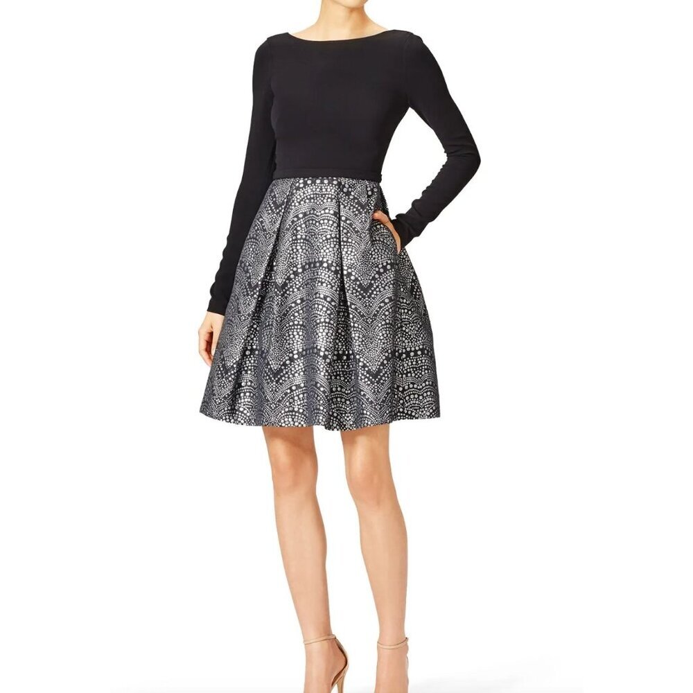 Theia Nailhead Dress Size 0 Black Silver Metallic Mini Longsleeve Boatneck